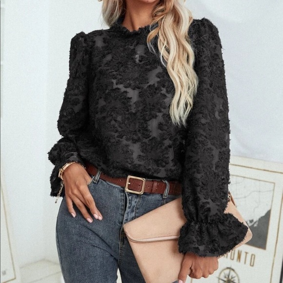 Tops - Boho Black Floral Ruffle Sleeve Blouse Top Work Shabby Chic